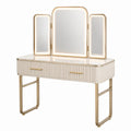 Tocador con Espejo Tripartito Iluminado de Madera y Metal Blanco y Dorado 120x45x140 cm