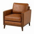 Sillón de cuero sintético marrón con estructura de madera