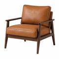Sillón de cuero sintético marrón con estructura de madera de nogal